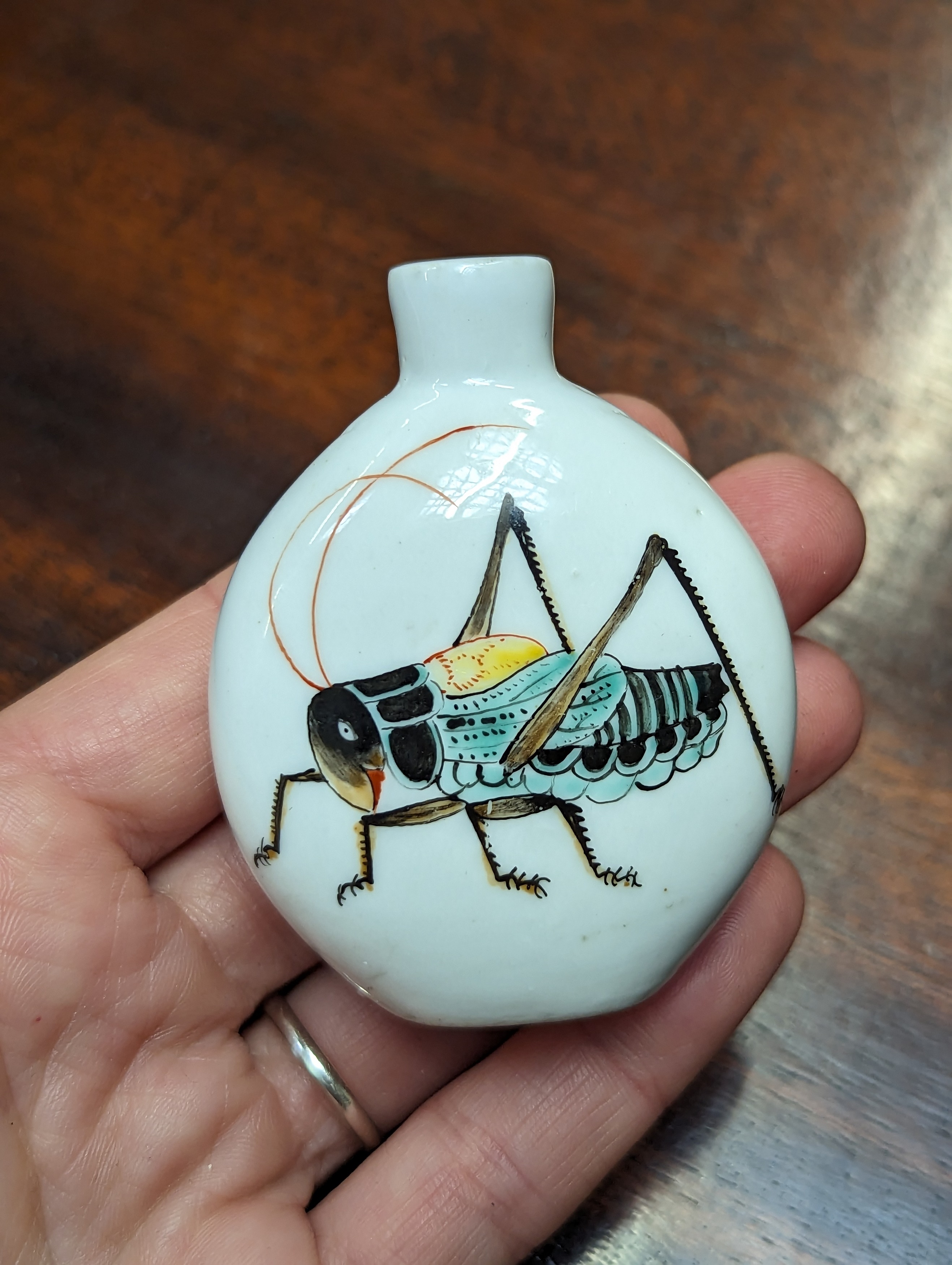 A CHINESE PORCELAIN 'CRICKET' SNUFF BOTTLE 晚清 蟈蟈圖鼻煙壺 - Image 4 of 9