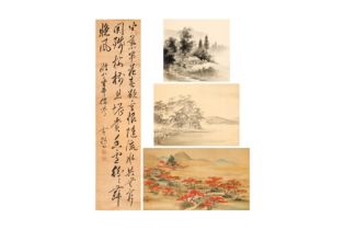 THREE JAPANESE LANDSCAPE SCROLL PAINTINGS AND A CALLIGRAPHY