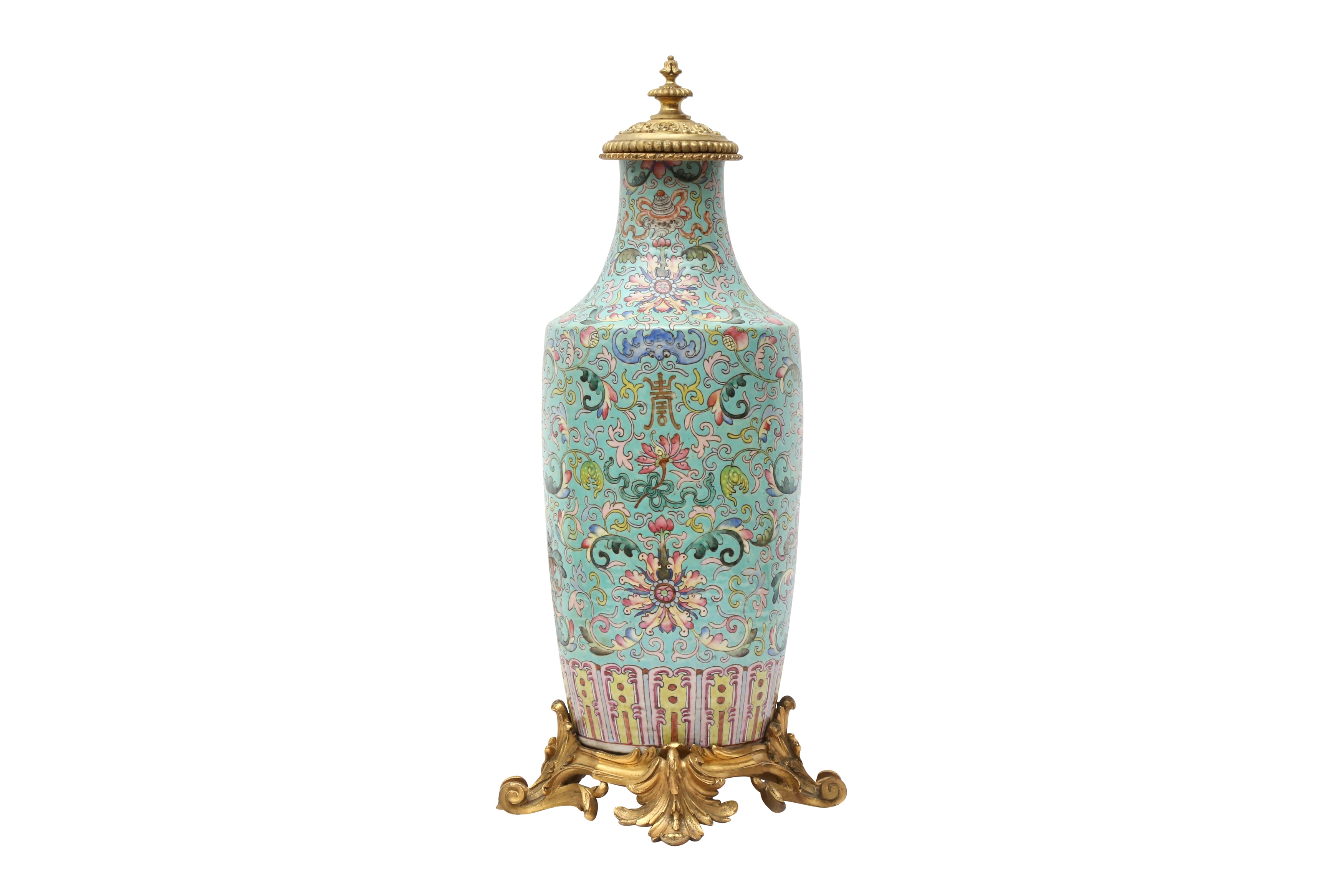 A CHINESE GILT-MOUNTED FAMILLE-ROSE TURQUOISE-GROUND 'LOTUS' VASE 清十九世紀 粉彩綠松石地蓮紋嵌鎏金銅飾瓶