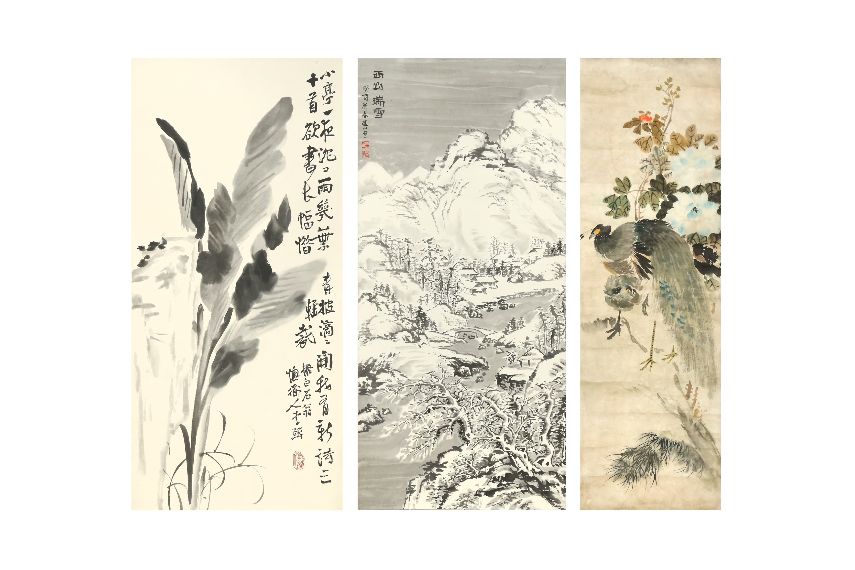 THREE CHINESE HANGING SCROLL PAINTINGS 二十世紀 掛軸三幅