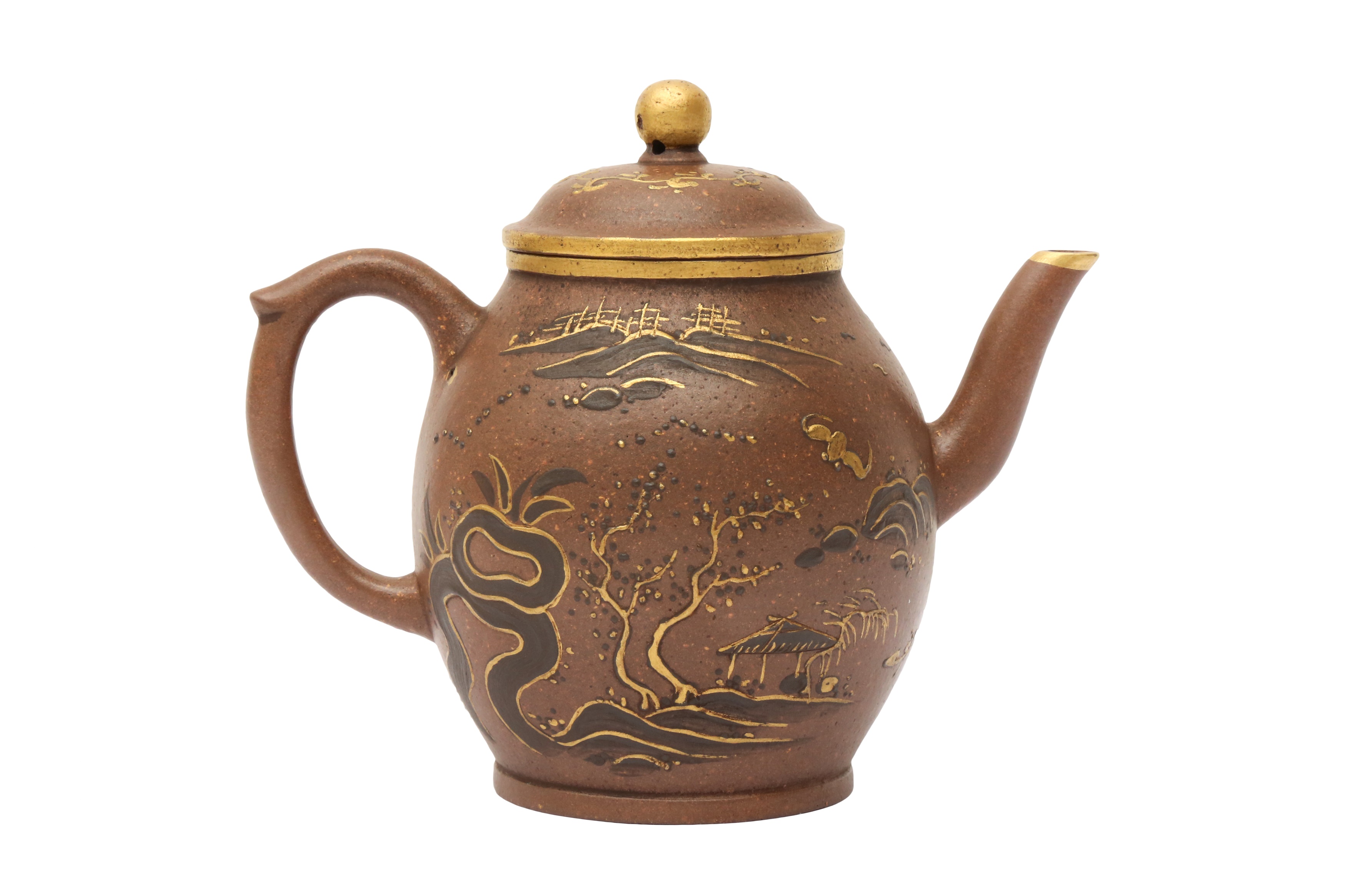 A CHINESE YIXING ZISHA GILT-DECORATED TEAPOT AND COVER 二十世紀 宜興紫砂山水圖紋壺 《大清乾隆年製》款 - Image 2 of 24