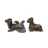 TWO CHINESE BRONZE 'MYTHICAL BEAST' PAPERWEIGHTS 銅瑞獸形鎮一組兩件