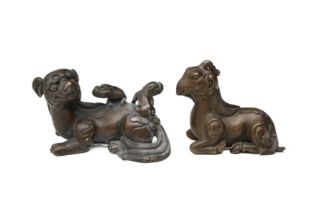 TWO CHINESE BRONZE 'MYTHICAL BEAST' PAPERWEIGHTS 銅瑞獸形鎮一組兩件
