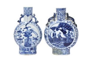 TWO CHINESE BLUE AND WHITE MOON FLASKS 清十九世紀 青花人物故事圖紋及花鳥圖紋抱月瓶