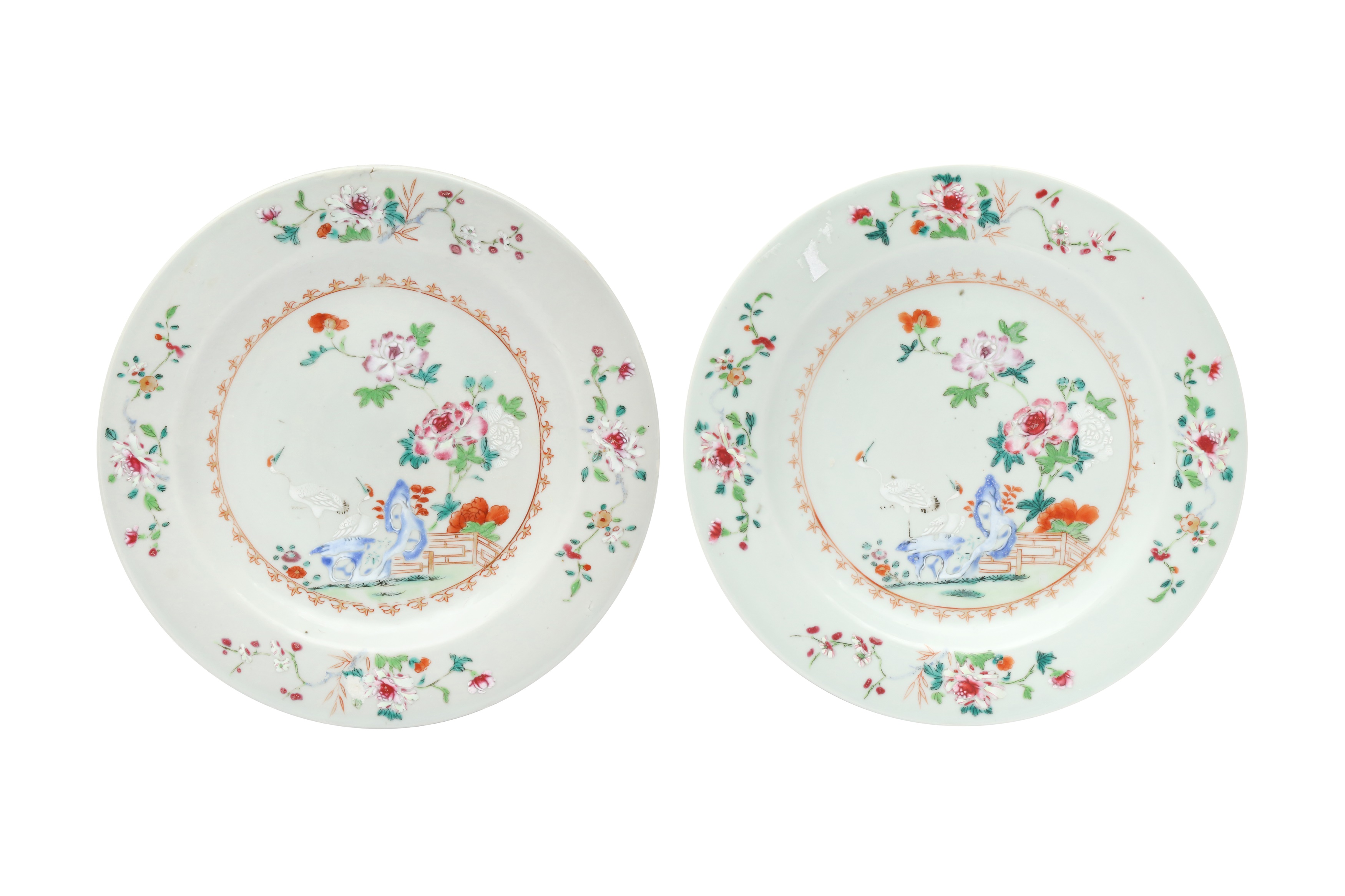 TWO CHINESE EXPORT FAMILLE-ROSE 'CRANES AND BLOSSOMS' DISHES 清十八世紀 外銷粉彩牡丹鶴紋盤兩件