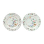 TWO CHINESE EXPORT FAMILLE-ROSE 'CRANES AND BLOSSOMS' DISHES 清十八世紀 外銷粉彩牡丹鶴紋盤兩件