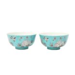 TWO CHINESE EN-GRISAILLE TURQUOISE-GROUND BOWLS 二十世紀 墨彩綠松石綠地花鳥圖盌一對