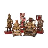 FIVE CHINESE LACQUERED AND PAINTED WOOD FIGURES 明或後期 木雕加彩人物像五件