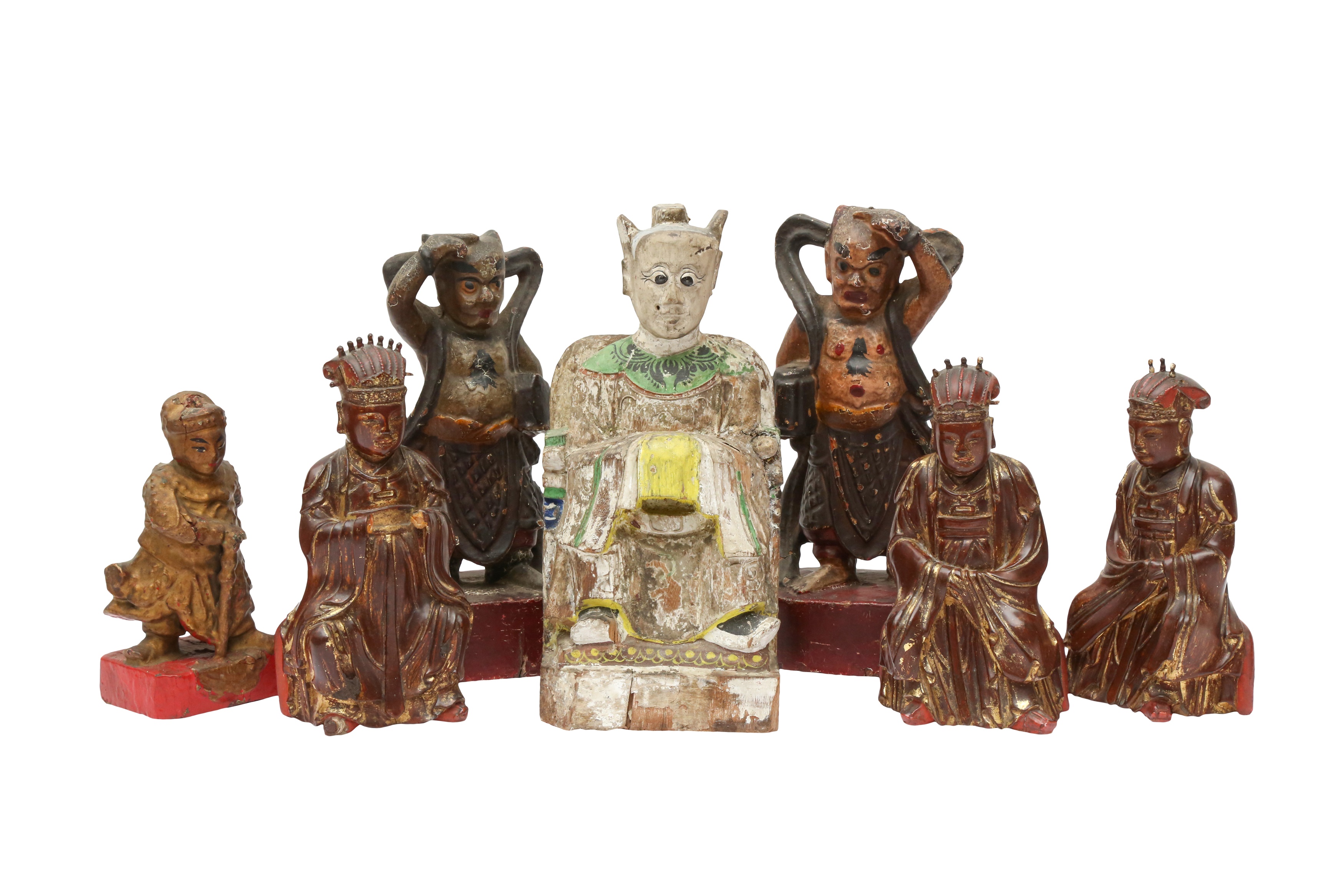 SEVEN CHINESE LACQUERED WOOD FIGURES 明或後期 漆木人物雕像七件