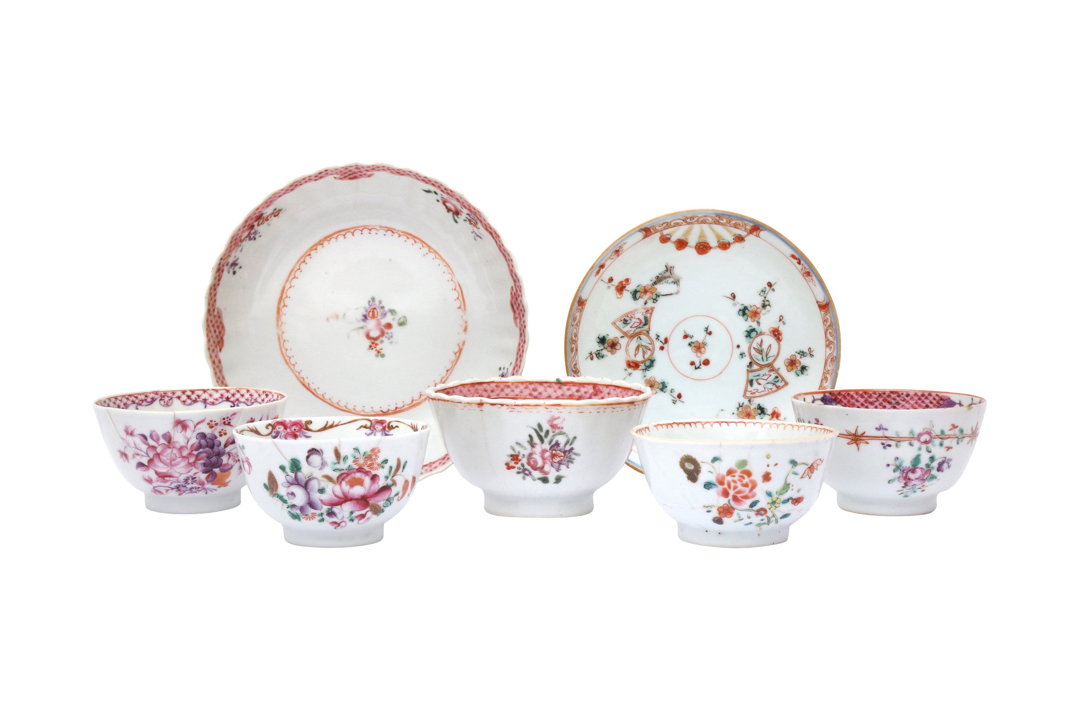 FIVE CHINESE FAMILLE-ROSE CUPS AND TWO SAUCERS 清十八世紀 粉彩杯碟五件