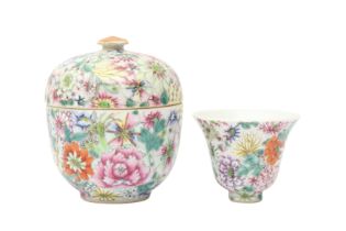 A CHINESE FAMILLE-ROSE 'MILLEFLEURS' CUP AND A JAR AND COVER 民國時期 粉彩萬花小杯及蓋罐
