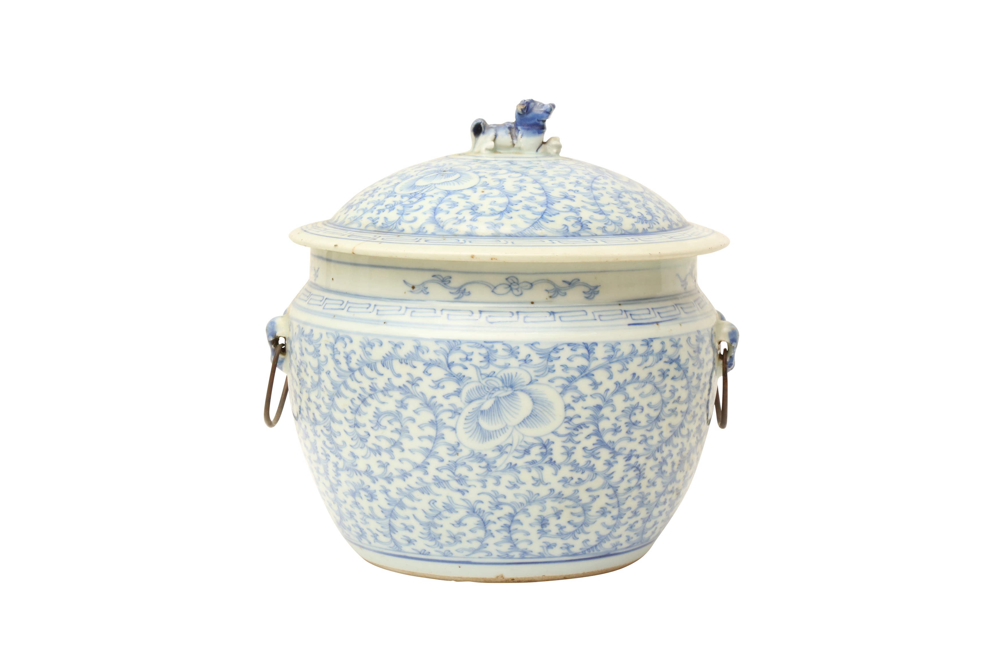 A CHINESE BLUE AND WHITE JAR AND COVER 清十九世紀 青花花卉圖紋蓋罐