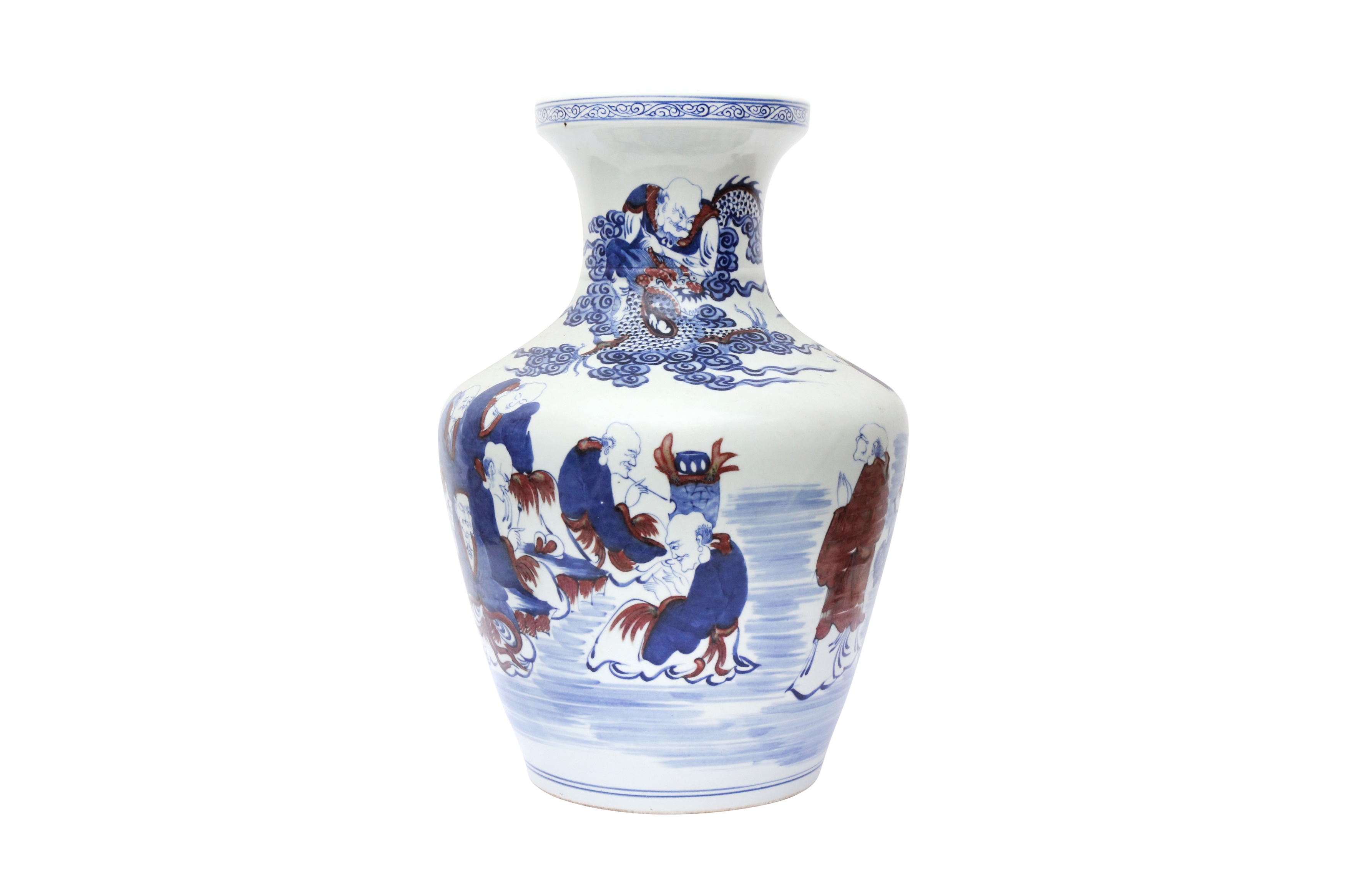 A LARGE CHINESE BLUE AND WHITE AND COPPER-RED 'IMMORTALS' VASE 晚清 青花釉裡紅仙人圖紋瓶