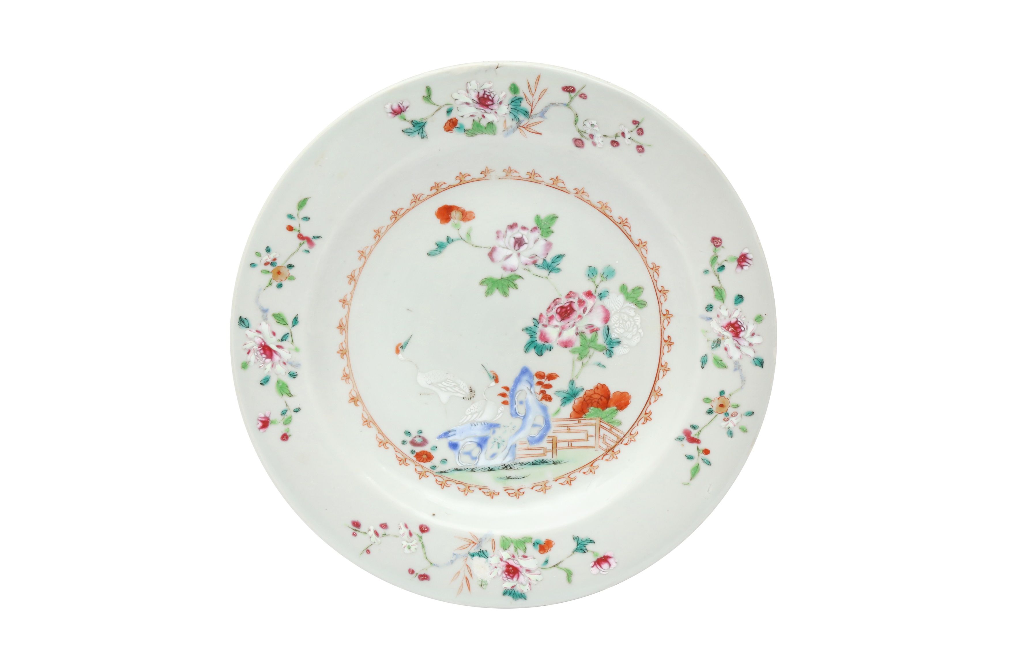 TWO CHINESE EXPORT FAMILLE-ROSE 'CRANES AND BLOSSOMS' DISHES 清十八世紀 外銷粉彩牡丹鶴紋盤兩件 - Image 2 of 15