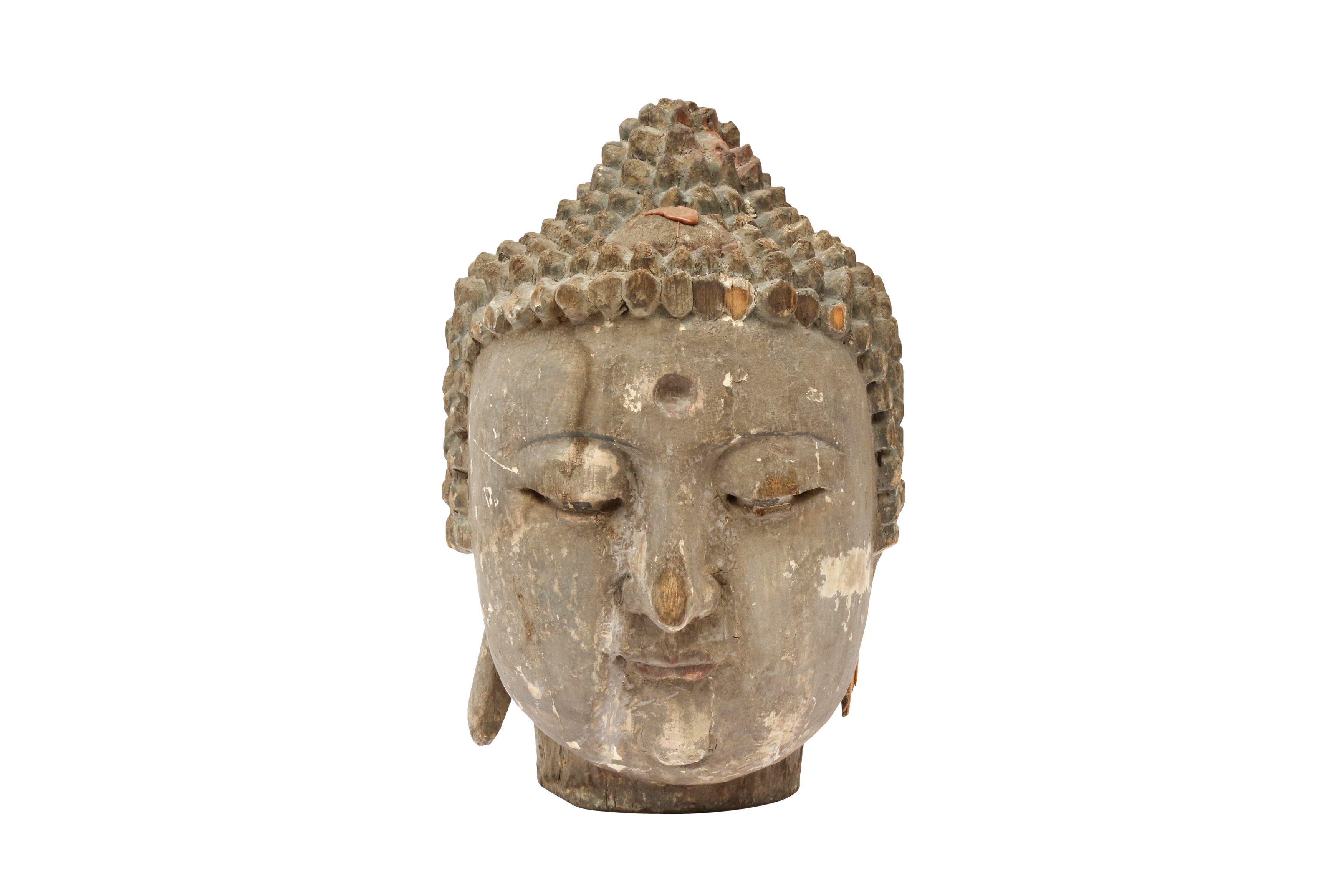 A LARGE CHINESE CARVED WOOD HEAD OF BUDDHA 清十九世紀 木雕佛頭像