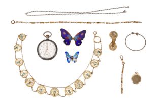 A SILVER POCKET WATCH AND A GROUP OF COSTUME JEWELLERY