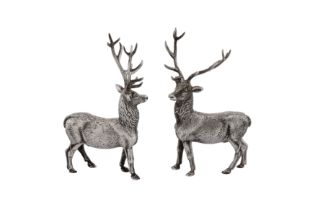 A pair of Elizabeth II sterling silver models of stags, London 1995 by Edward Barnard