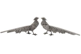 A pair of late 20th century Portuguese 916 standard silver model of pheasants, Porto circa 1960