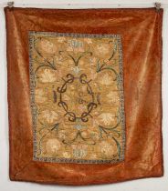 A mid 18th Century silk and metal thread embroidered wall hanging