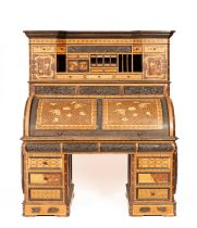 A Japanese Hakone parquetry and marquetry cylinder roll top bureau