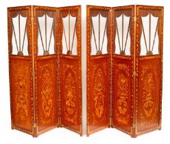 A pair of early 19th Century Dutch marquetry three-panel two-fold screens