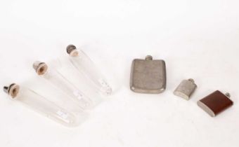 Three glass hunting flasks and three hip flasks