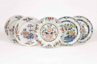 Five English delftware polychrome plates