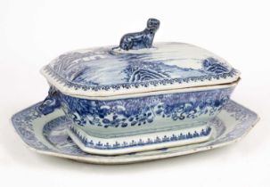 A Chinese export blue and white tureen and cover