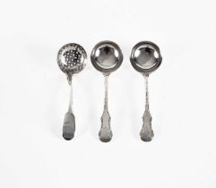 A pair of George III thread and fiddle pattern silver sauce ladles