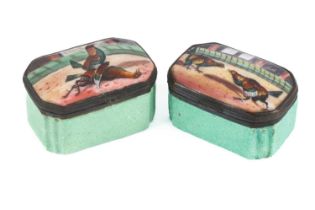 A pair of Staffordshire enamel snuff boxes