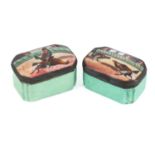 A pair of Staffordshire enamel snuff boxes