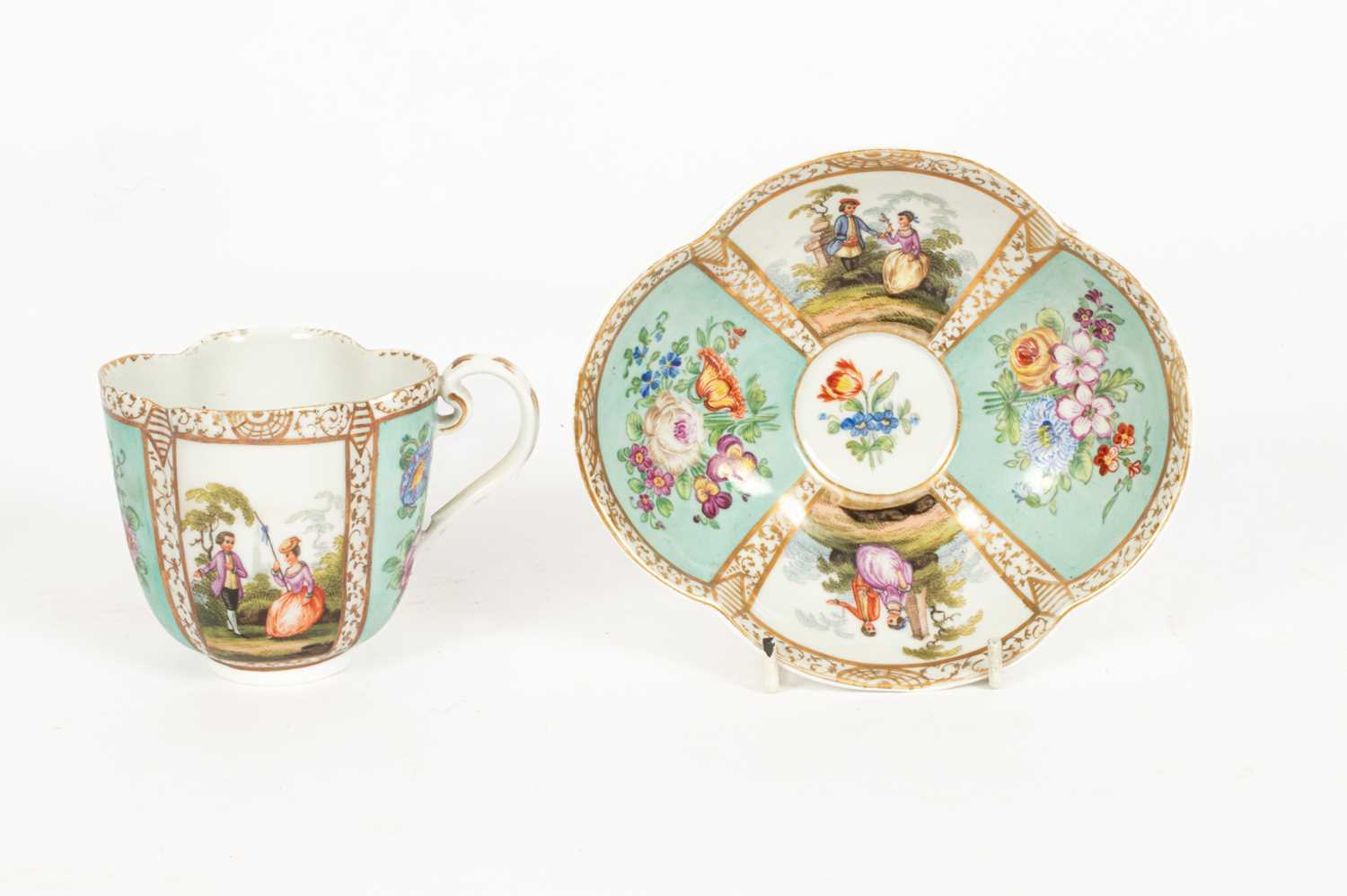 Two pairs of Meissen (outside decorated) quatrefoil cups and saucers - Image 2 of 3