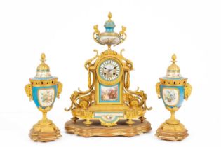 A French ormolu mounted Sèvres style porcelain garniture de Cheminee