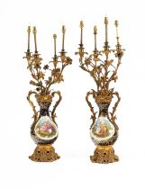 A pair of French gilt-brass mounted two-handled candelabra vases