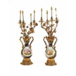 A pair of French gilt-brass mounted two-handled candelabra vases