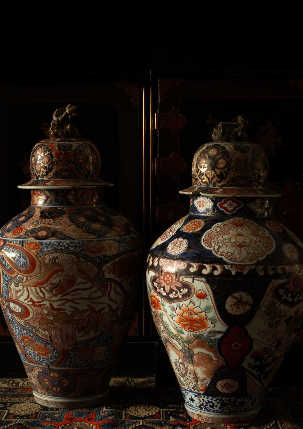 Two Japanese Imari large baluster vases with domed covers - Image 2 of 25