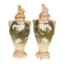 A pair of Japanese Satsuma two-handled baluster vases, stands and covers