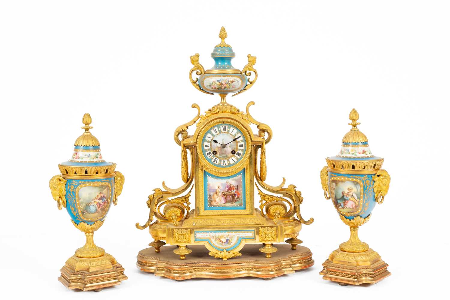 A French ormolu mounted Sèvres style porcelain garniture de Cheminee - Image 4 of 11