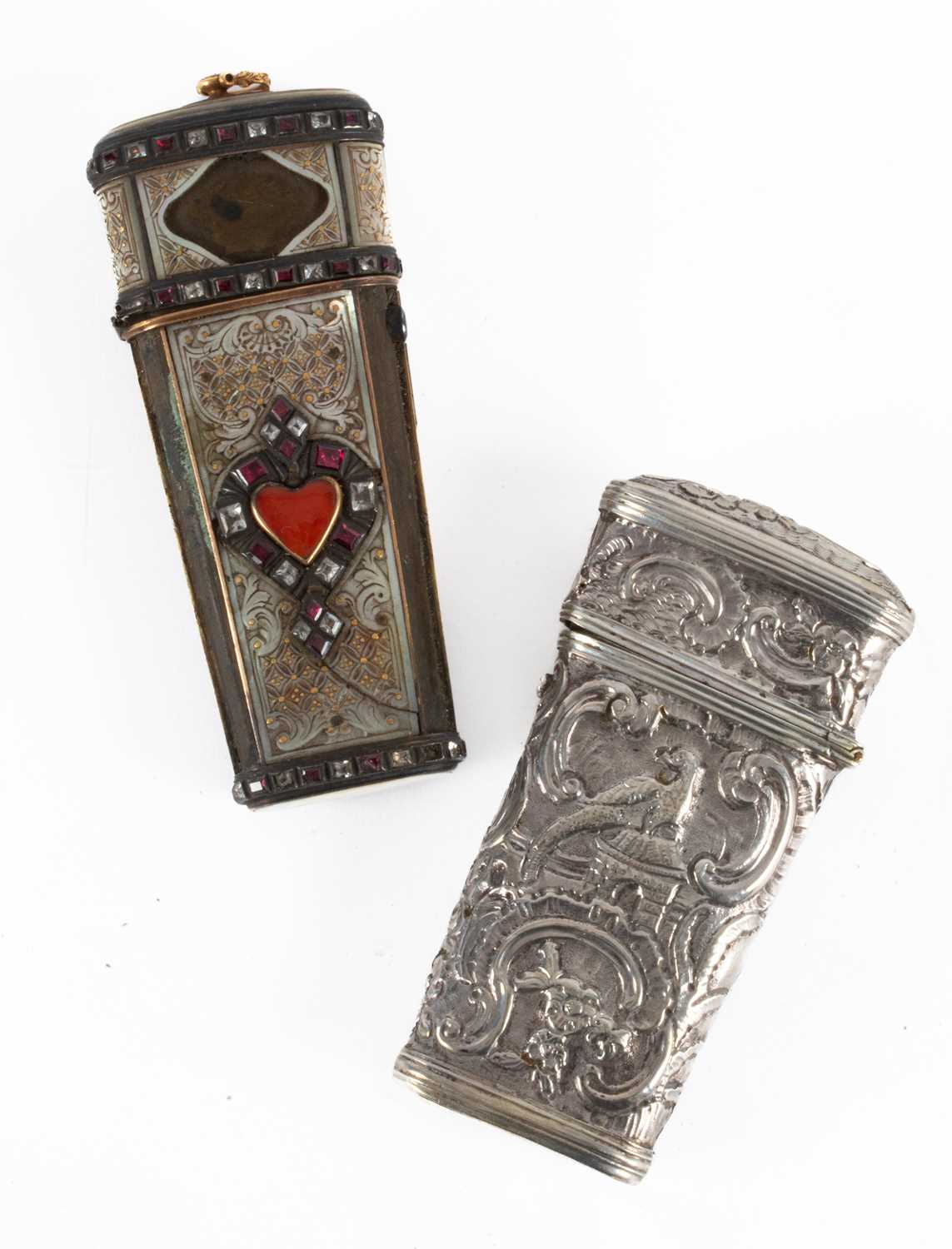 A Georgian mother-of-pearl and jewelled etui of tapering form