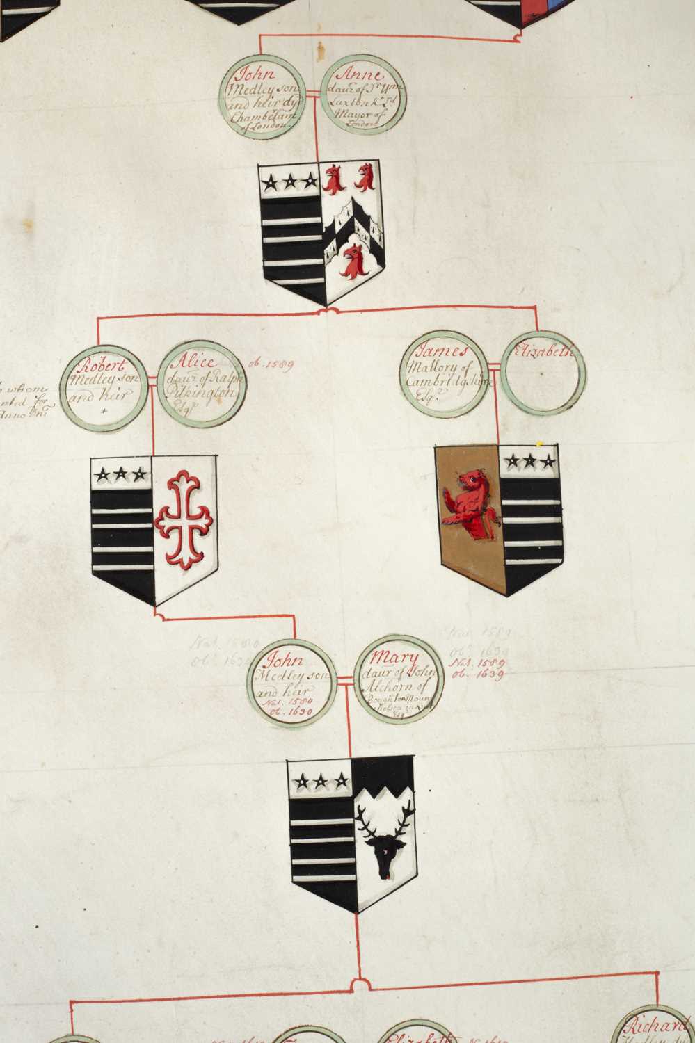 Vellum Scroll of 'The Genealogy of the antient family of Medley of Warwickshire' - Image 7 of 12