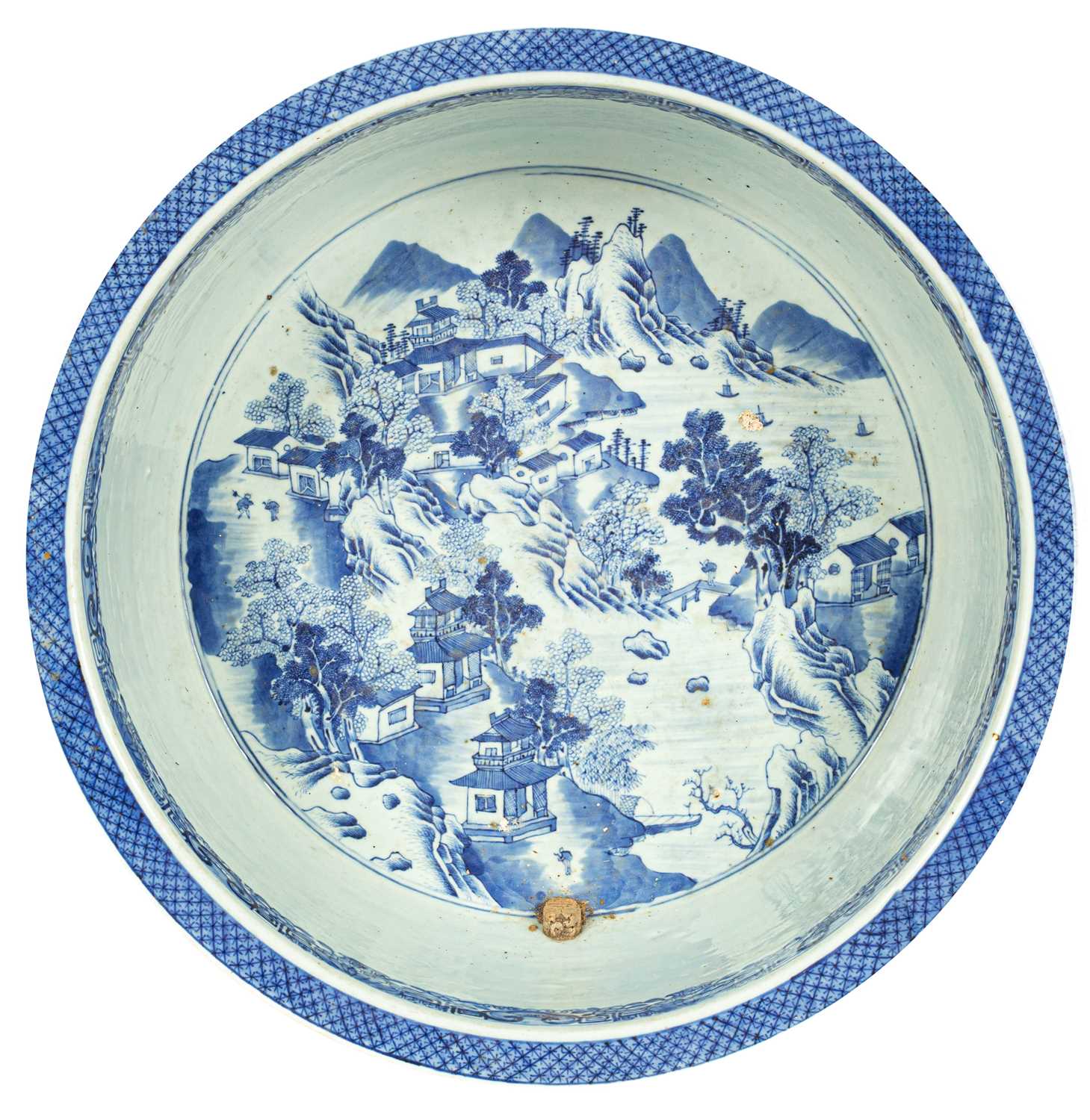 A Chinese blue and white large circular basin