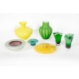 Seven items of coloured modern glass