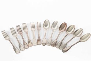 A George IV set of six fiddle and thread pattern silver tablespoons and six silver table forks