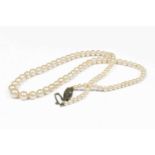 A single row of graduated pearls, with marcasite snap, 43cm long