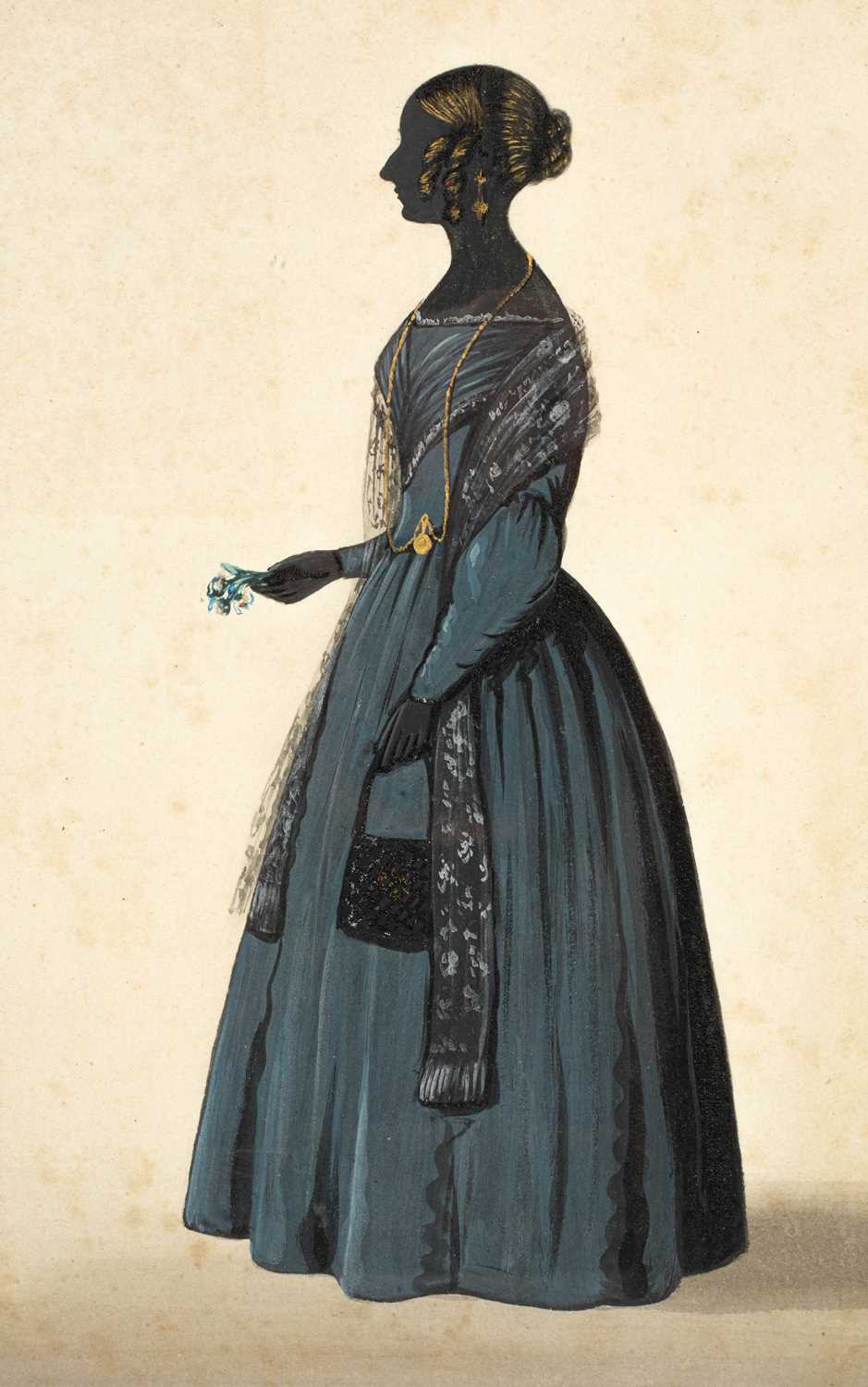 A Victorian silhouette depicting a lady in a dark blue dress