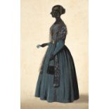 A Victorian silhouette depicting a lady in a dark blue dress