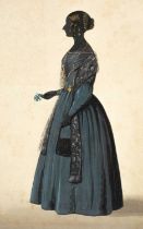 A Victorian silhouette depicting a lady in a dark blue dress