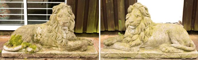 A pair of stone recumbent lions