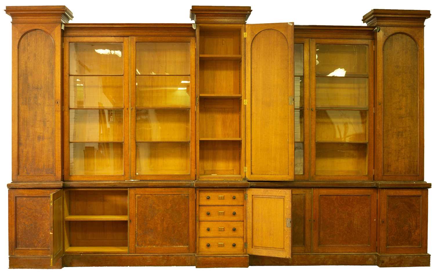 A large 19th century oak breakfront library bookcase - Image 2 of 10