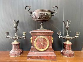 A French marble and bronze mantel clock garniture